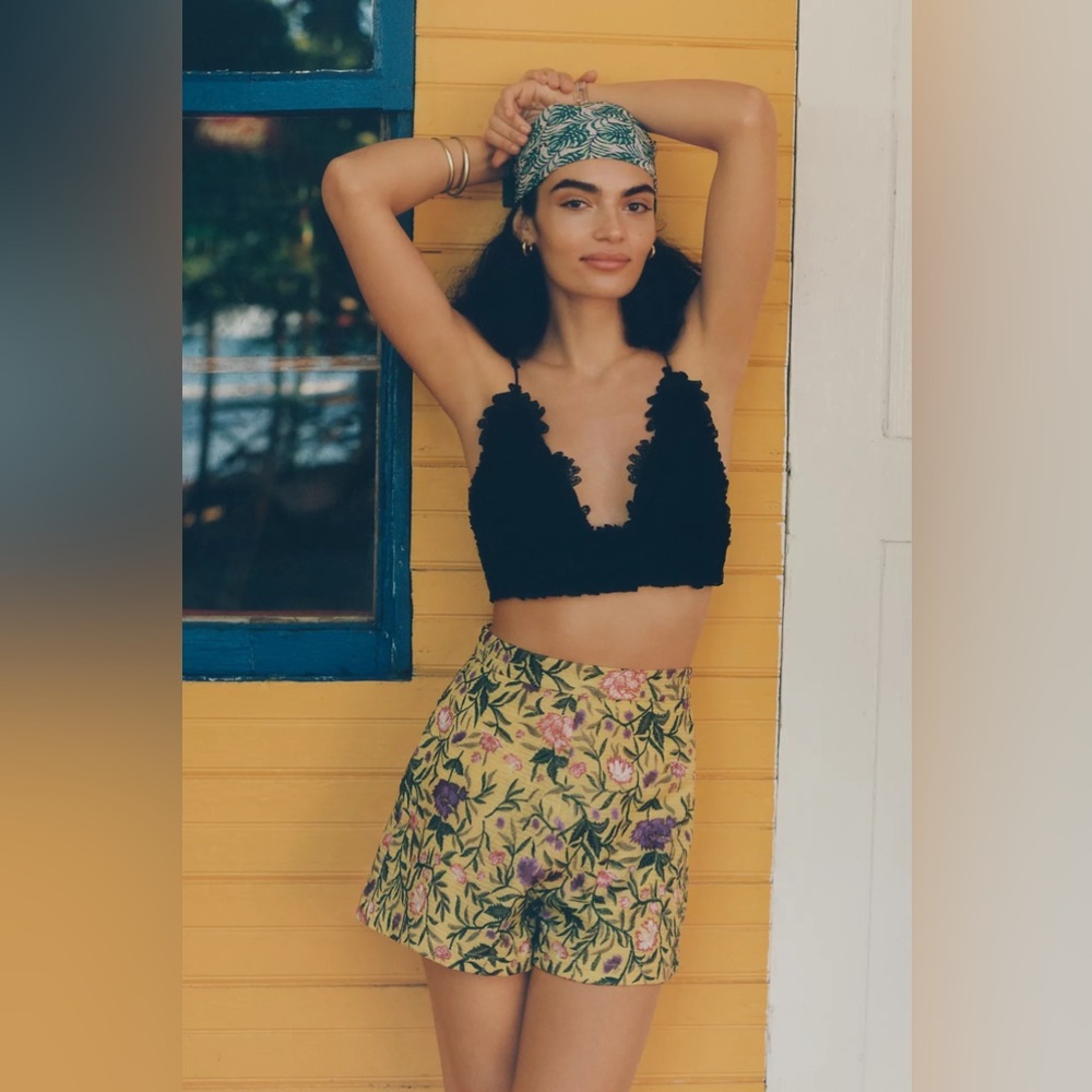 Anthropologie Yellow Floral High-Waist Shorts